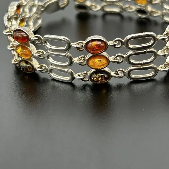 Baltic Amber & Sterling Silver 925 Tri Color Triple Strand Bracelet 7.5in - Picture 2 of 13